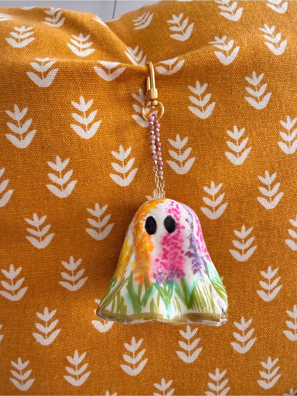 Hand-Painted hand made Floral Ghost boho bag charm boo basket filler key chain